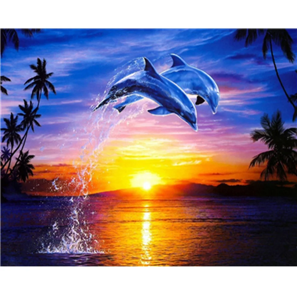 

5D DIY Diamond Embroidary Full Round Drill Mosaic Cross Stitch Sunset Dolphin 3D Diamond Painting kit Sticker Home Decor TY061