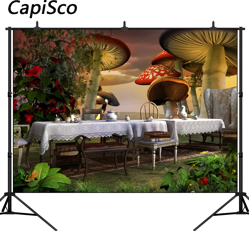 

Capisco Photography Backdrop Alice in wonderland banquet carpet mushrooms Birthday Party Children photo background studio Custom