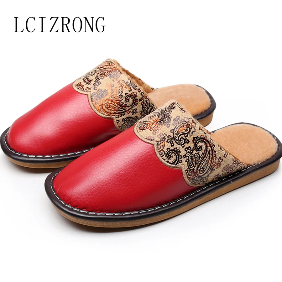 

LCIZRONG Big Size 35-44 Leather Home Slippers For Women Warm Winter Plush House Slippers Unisex Women/Men 7 Colors Indoor Shoes