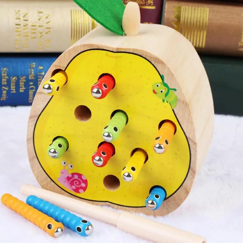 Забавная детская магнитная палочка для ловли червя, игровые блоки, игрушки для малышей, деревянная форма фруктов, Когнитивная игрушка для рыбалки, Детские красочные игрушки для ловли