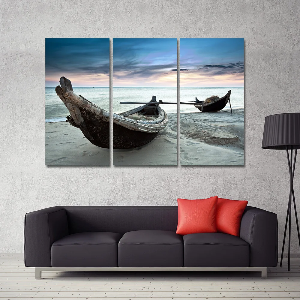 Drop shipping Oil Painting Canvas Beach Landscape Boat Wall Art Home Decor Modern Picture For Living Room 3 PCS No Frame | Дом и сад