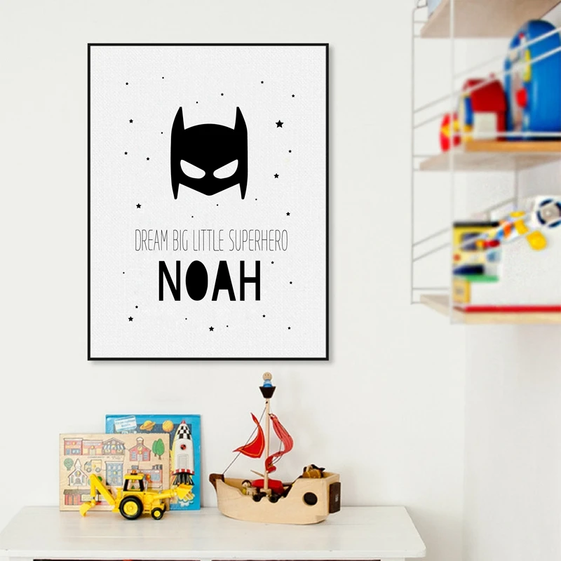 Personalised Superhero Name Boys Posters and Prints Cartoon Hero Name Canvas Painting Baby Boys Room Wall Picture Decor