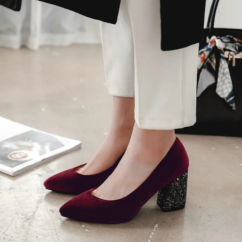 

velour velet classic woman pumps shoes green burgundy stilettos glitter bling block high heels women shoes size