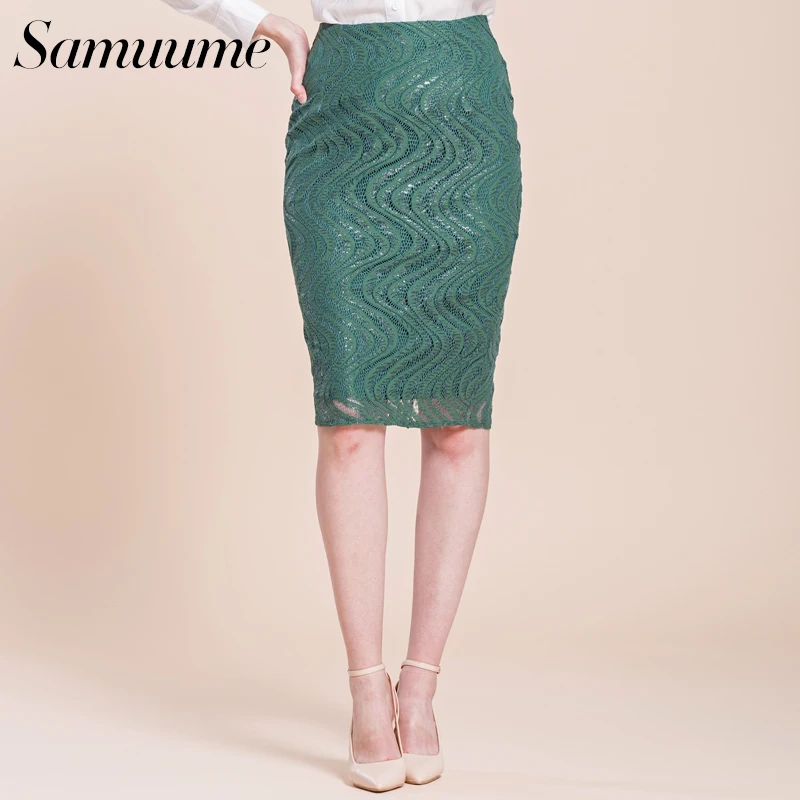 Samuume High Waist Skirt 2018 Elegant Wave Lace Skirts Slit Green Work