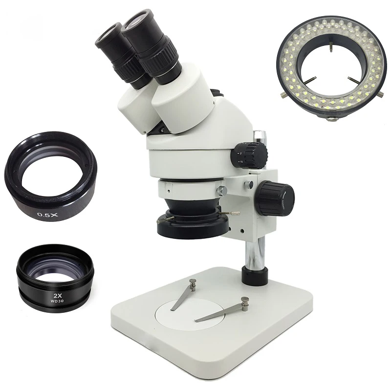 

3.5X-90X Table Pillar Stand Illuminated Trinocular Stereo Zoom Microscope 0.5X 2X Objective Lens for Electronics PCB Inspection