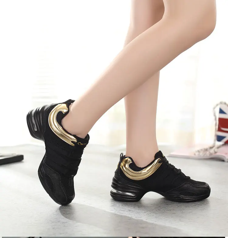 Женские Джазовые кроссовки; повседневная обувь черного цвета; кроссовки на платформе со шнуровкой из сетчатого материала; дышащая обувь для танцев; zapatillas mujer