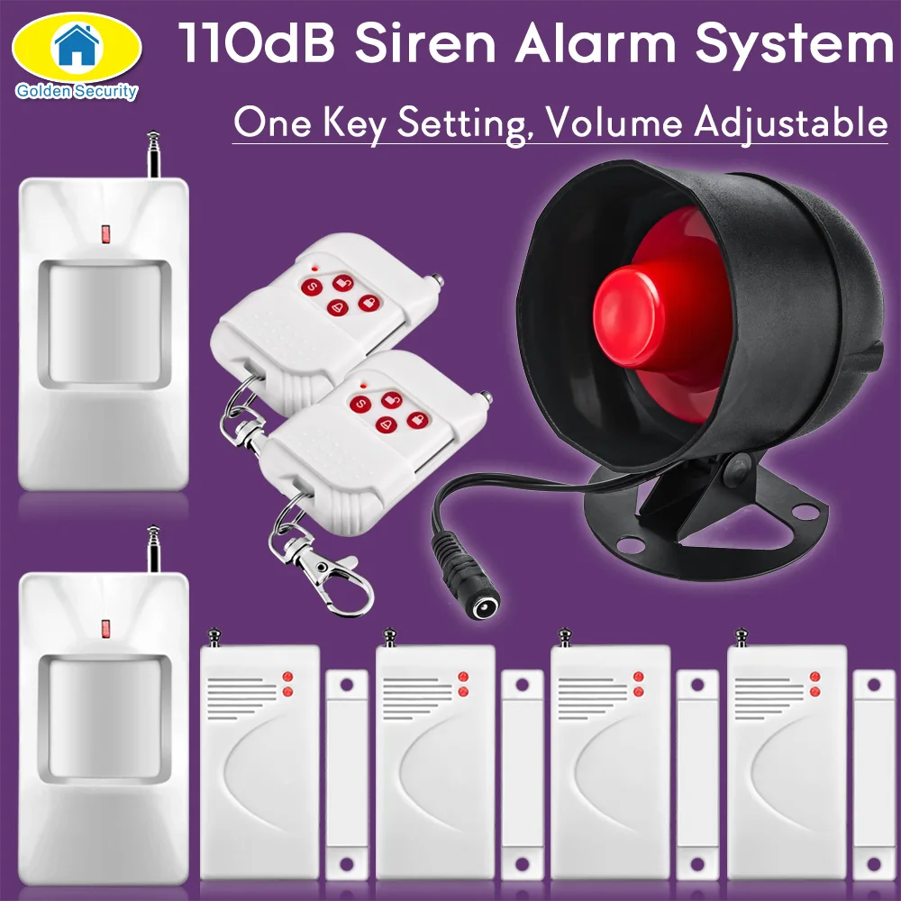 Golden Security 110dB Wireless Loudly Siren Alarm System Security for Home House Burglar Alarm Security PIR Detector Door Sensor