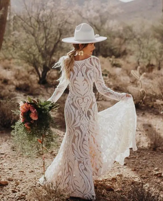 Mryarce Unique Bride Bohemian Wedding Dress Full lace Open Back Long Sleeves Boho Chic Modern Bridal Gowns - Цвет: Nude underneath