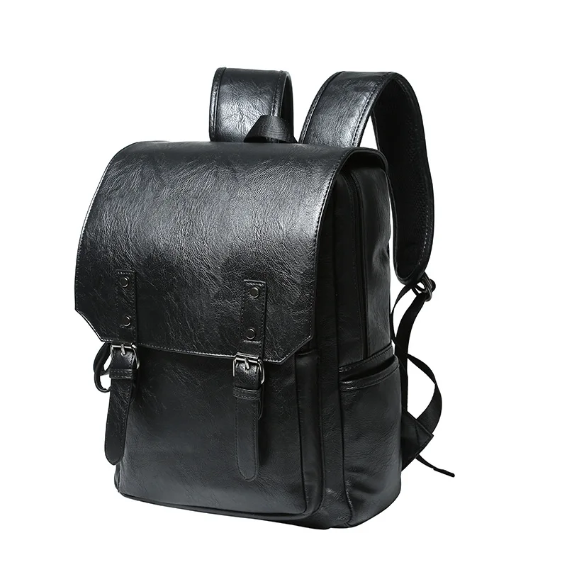 Men&#39;s Leather Backpack Schoolbag Solid Cool Black Leather Backpacks for men Large capacity ...