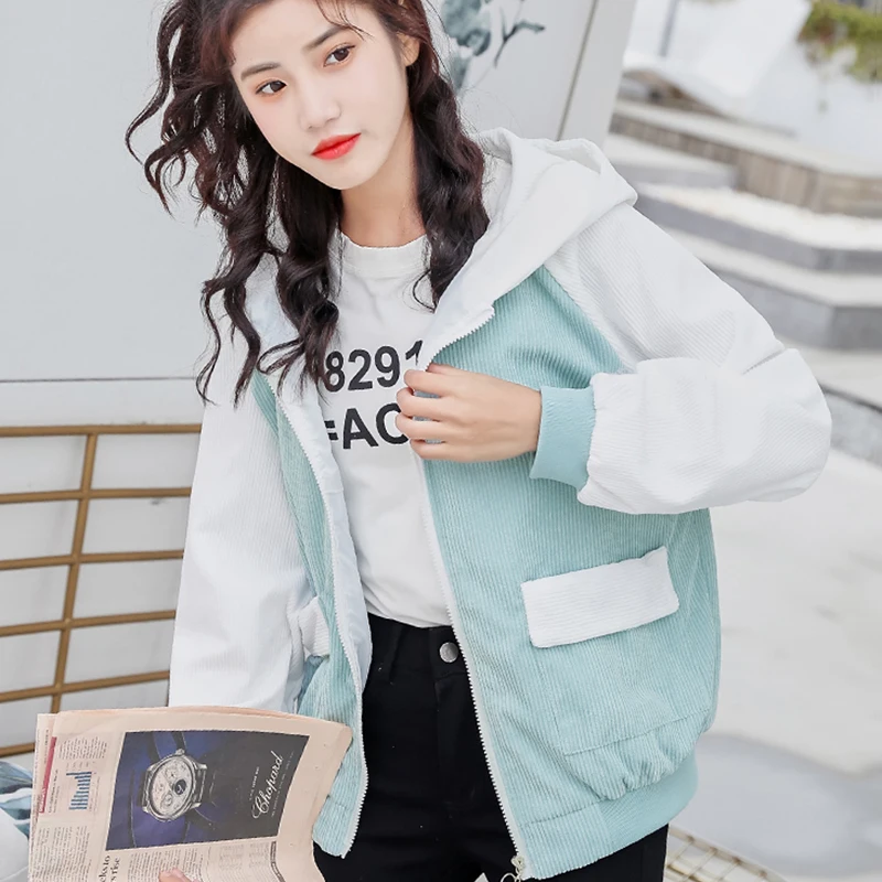 

Female Corduroy Jacket Coat Women Patchwork Long Sleeve Hooded Coat Spring Autumn Casual Loose Oversized Jackets Veste Femme