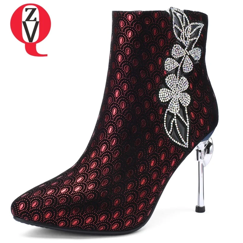 

ZVQ women shoes 2019 new fashion sexy super high thin heels pointed toe zipper metal decoration black and wine red ankle boots