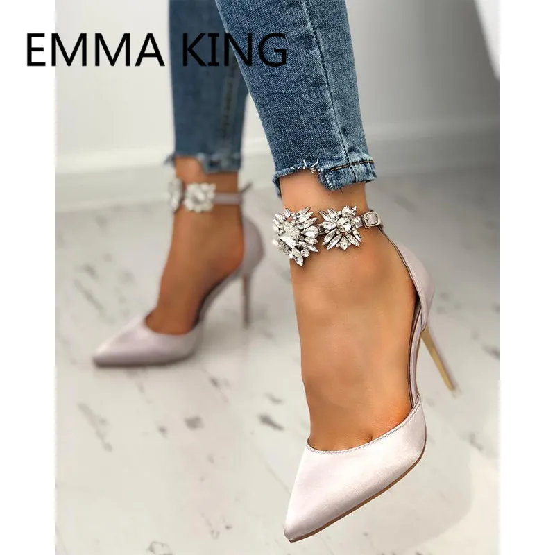 

Crystal Ankle Strap 2019 New Pumps For Women Pointed Toe Luxury Silk Satin Elegant Ladies Runway Shoes Woman Sexy Thin High Heel