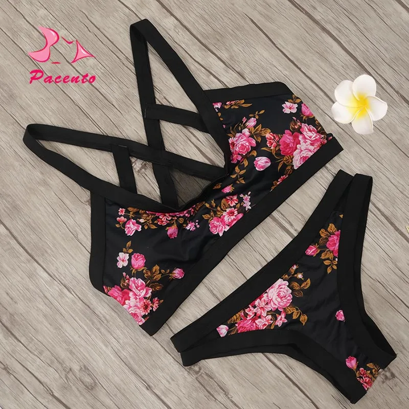 

Pacento 2018 Cross Strappy Swimwear Female Tank Top Bikini Brazilian Beachwear Thong Bathing Suit Rose Swimsuit Women Plavky May
