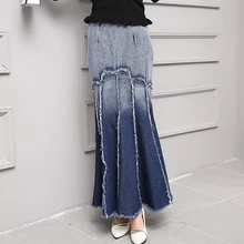 Женская длинная джинсовая юбка макси с высокой талией джинсовая юбка градиентные джинсы с бахромой юбка женская рыба-Русалка богемная юбка-годе