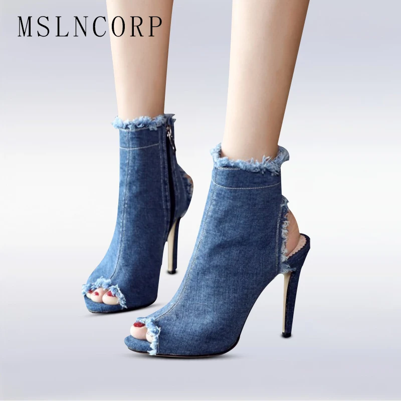 

plus size 34-43 Fashion Women Summer Gladiator sandals Casual Ankle Jeans Thin High Heels Open Peep Toe Denim Zipper Boots shoes