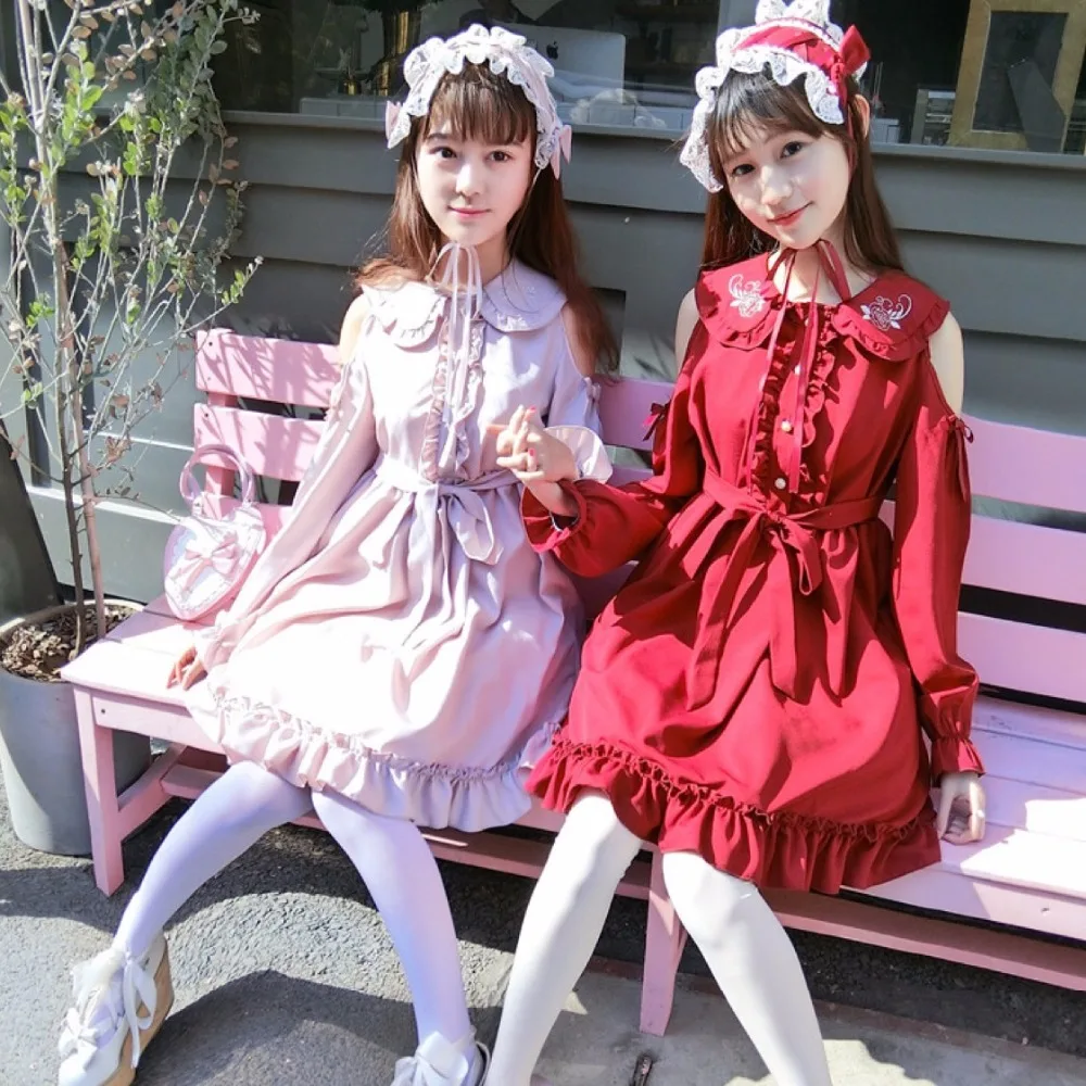 

Summer manor Chiffon Rose Lolita retro Gothic embroidered strapless sexy dress (Lotus Pink/ Wine red color)