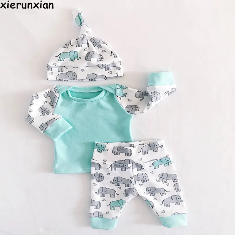 Long sleeve Newborn Clothes 3PCS Baby Girl Clothes Set New Born Boys Sets Infant Baby Tops+Pants+hat Elephant pattern baby set