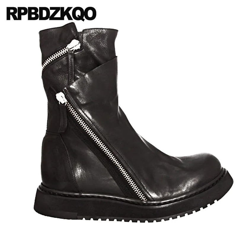 Masculino Cómodo Caer Zapatos Mediados black Genuina Piel Calidad Negro Botas Cuero Coreano De Black Completo Runway Grano Moda Planos Hombre Alta Becerro 2 Invierno Lujo Calzado Sintética Cremallera Del 1 WangzfnSx