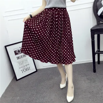 

2019 Korean Spring Summer Women Casual Skirts Polka Dot Elastic High Waist Pleated Long Chiffon Skirt A-Line Faldas Mujer