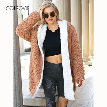 

COLROVIE Plus Size Camel Reversible Hoodies Elegant Winter Teddy Coat Women Clothes 2018 Streetwear Warm Ladies Outwear Coats
