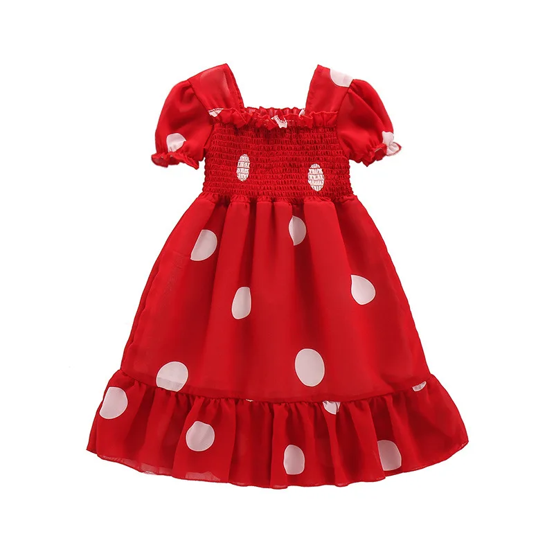 Красное шифоновое платье в горошек летняя одежда для маленьких девочек возрастом от 3 до 12 лет Свободное платье с короткими рукавами и рюшами Детские Винтажные белые платья