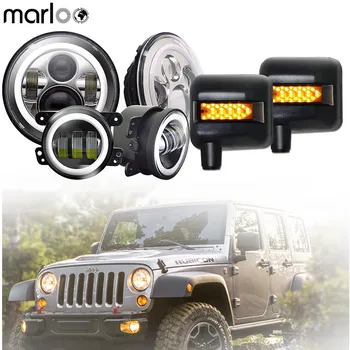 

Marloo For 2007-2017 Jeep Wrangler JK 7Inch LED Headlights 4'' Fog Lamp With Rearview Mirror Turn Signal Light Set