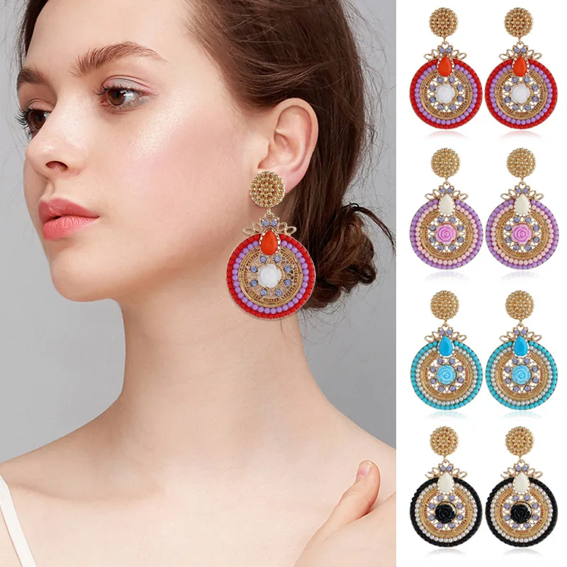 1 Pair Women Novelty Round Disc Earrings Dangle Flower Decor Bohemian