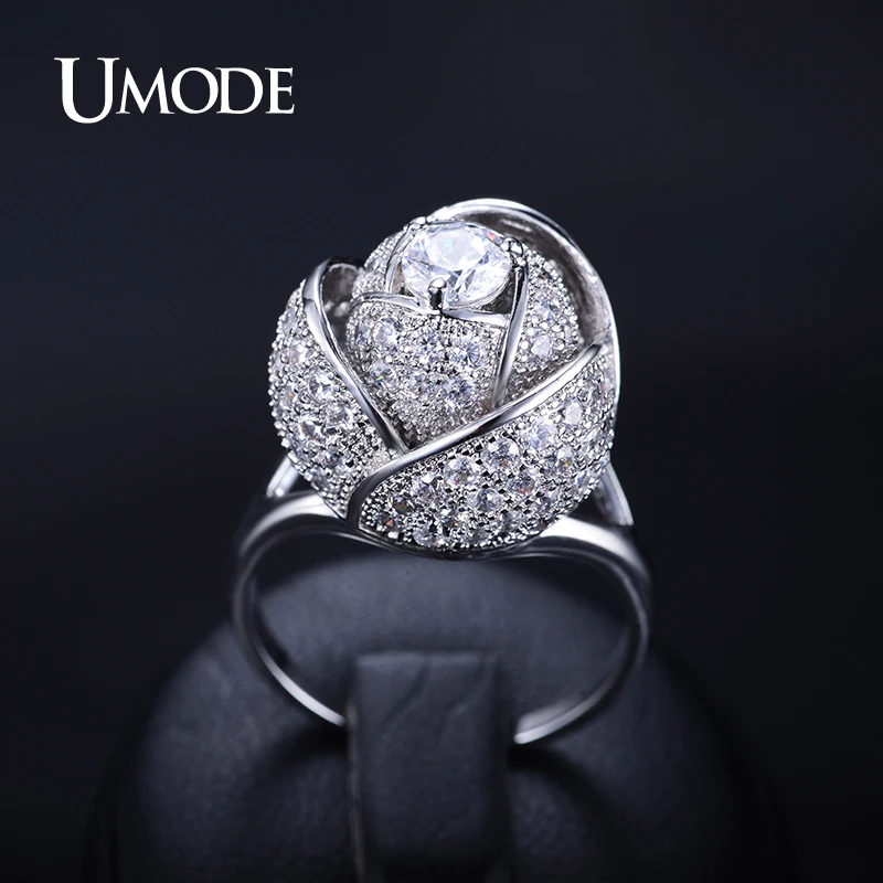 UMODE Женское кольцо в современном стиле с покрытием из белого золота, женское кольцо с цветком розы и большим фианитовым камнем 5мм 0,5к, кольцо с благородным дизайном UR0081