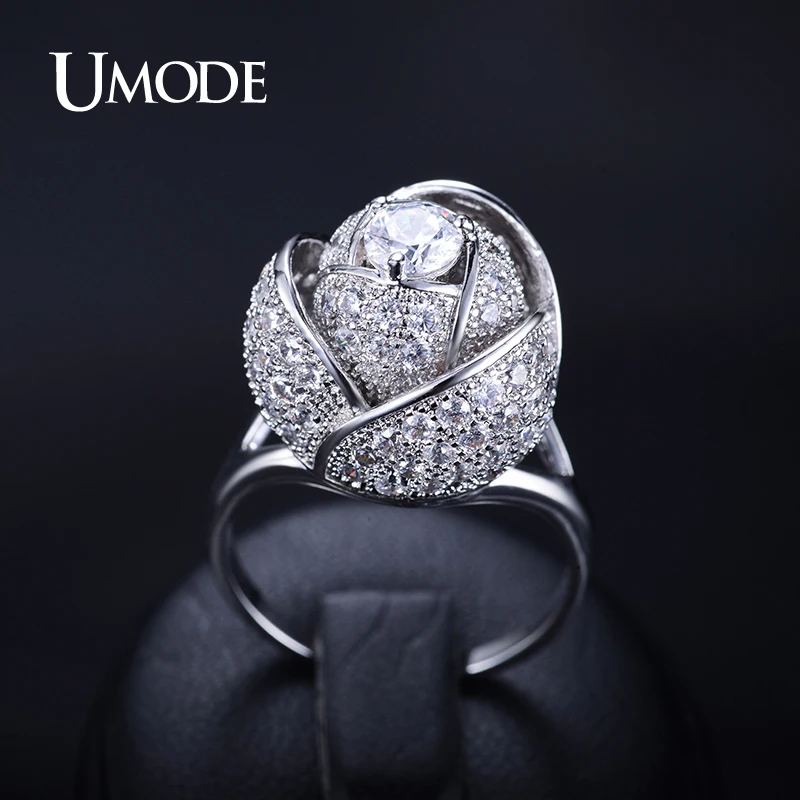 UMODE Brand Fashion New Style Women Ring Rhodium Color Rose Flower Female Ring with 5mm 0.5ct CZ Stone Noble Design Ring UR0081
