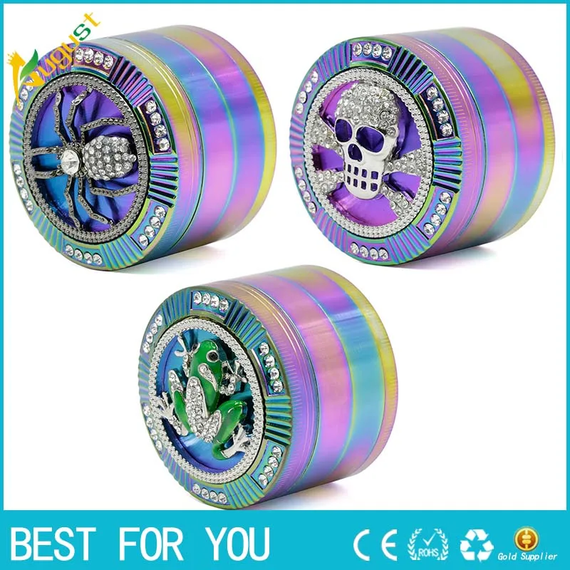 

2018 New Style 4 Layers Iceblue Rainbow Color Zinc Alloy Diamante Spider Skull Frog Shape Herb Grinder Tobacco Crusher 7736