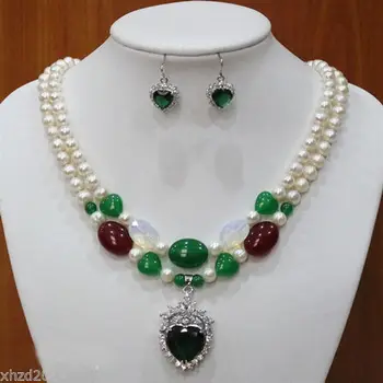 

Free shipping bride of the new fashion style two rows of pearl jade necklace earrings set (A0423)