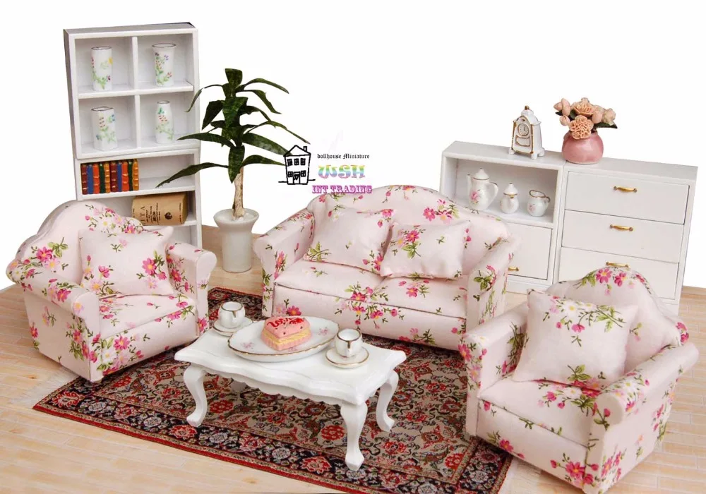 

5.24" Dollhouse Miniature 1:12 Living Room Dolls Furniture Sofa Set 4 Couch with Little Red little flower Style
