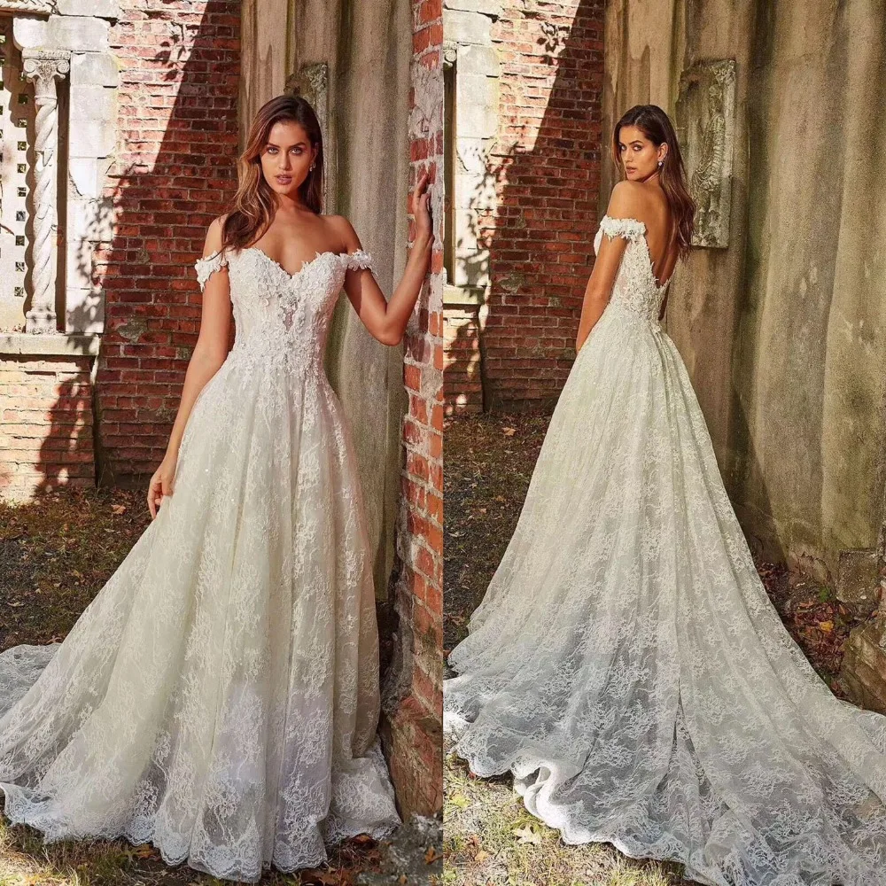 Hot off the Shoulder Lace Wedding Dresses A-Line Appliques with Court Train Long Bridal Gown Sexy Back Wedding Gown179