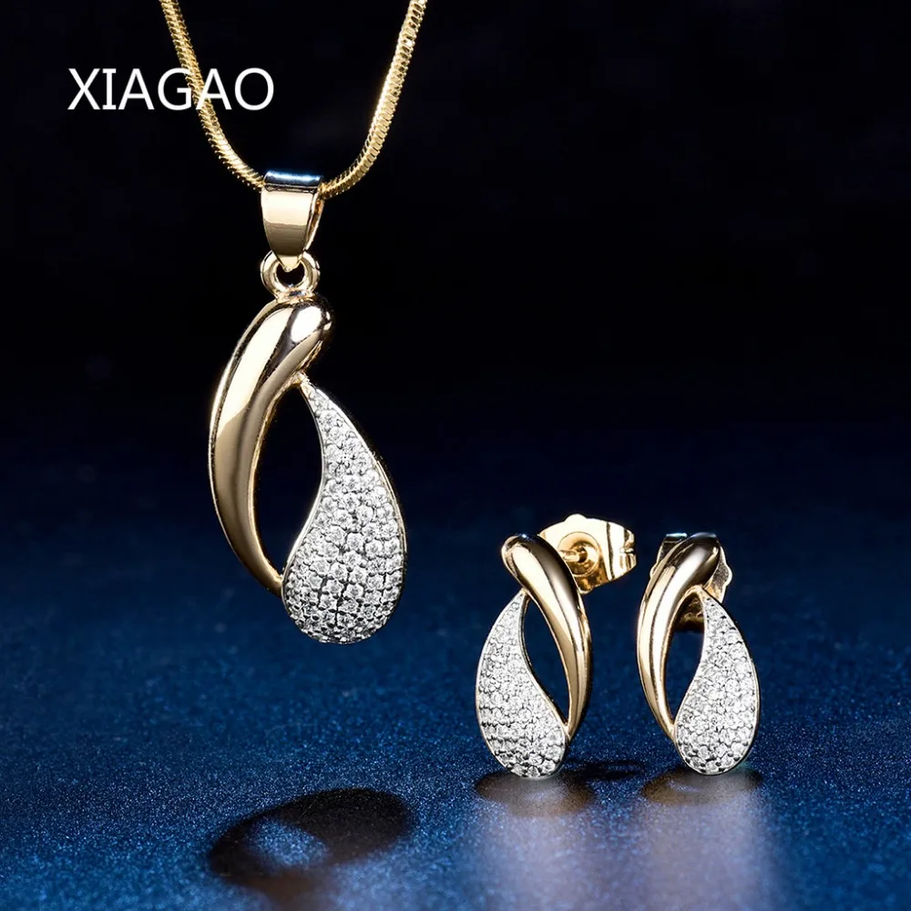 

XIAGAO 2017 New Fashion Bridal Wedding Prom Jewelry Crystal Rhinestone Necklace & Earrings for Women Gold Color Water Drop T040a