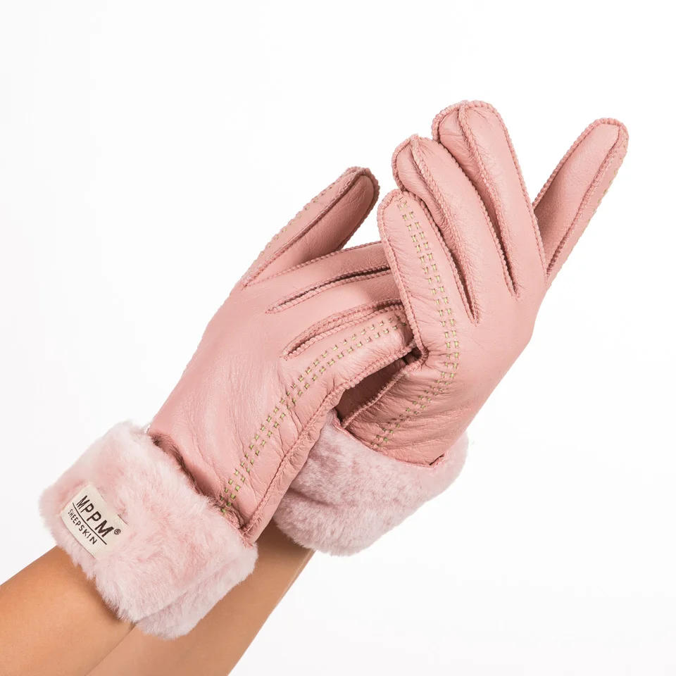 MPPM русские зимние женские перчатки 100% натуральная кожа овчина Зимние Перчатки Горячая теплая стильная полный палец дамские перчатки