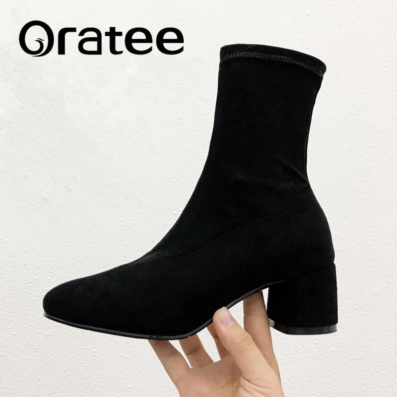 

New Stretch socks boots Women Shoes Slip ankle boots spring winter elegant Square high heels shoes female Plus size 33-43