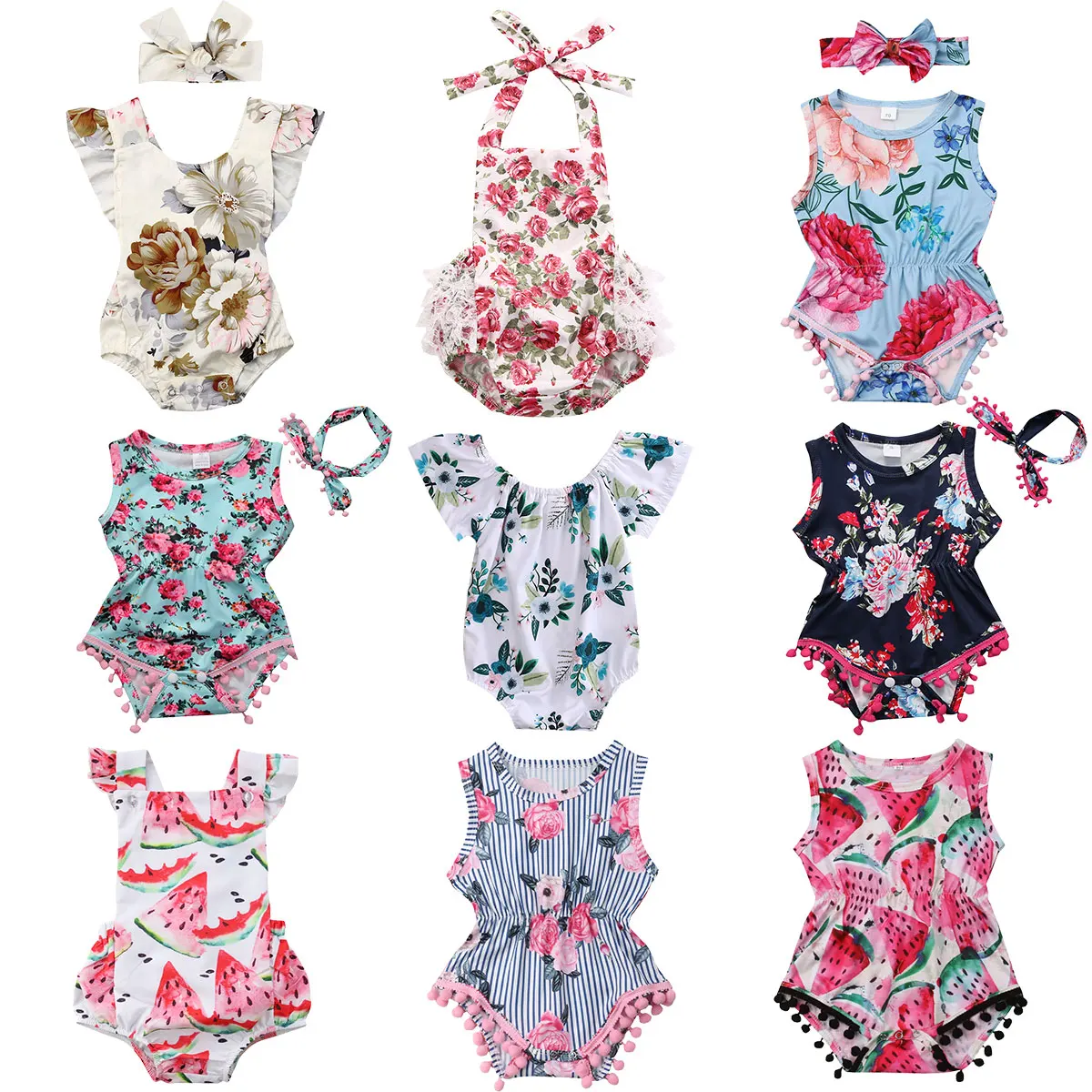 Infant Newborn Baby Girls Romper Summer Baby Clothes Flower Watermelon Print Tassel Jumpsuit Playsuit Sunsuit Baby Girl Costumes