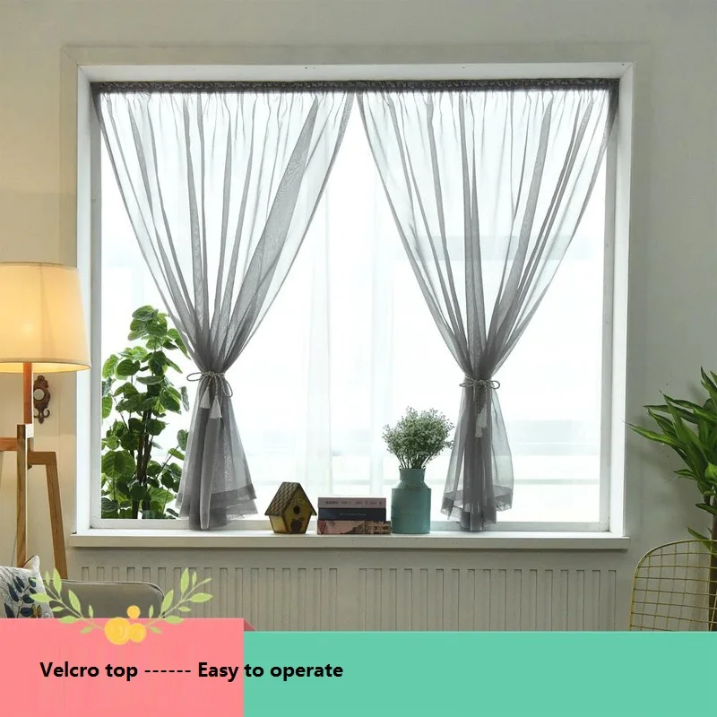Magic Paste Curtain Pure Color Tulle Door Window Drape Panel Sheer