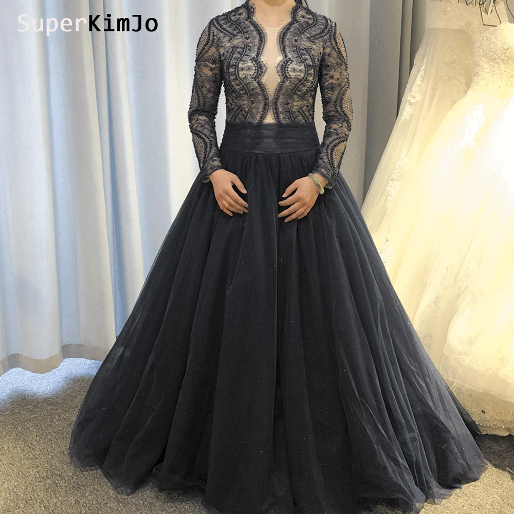 

SuperKimJo Vestido De Festa Longo Elegant Prom Dresses Long Sleeve 2019 Lace Applique Beaded Navy Blue Prom Gown Vestido De Gala