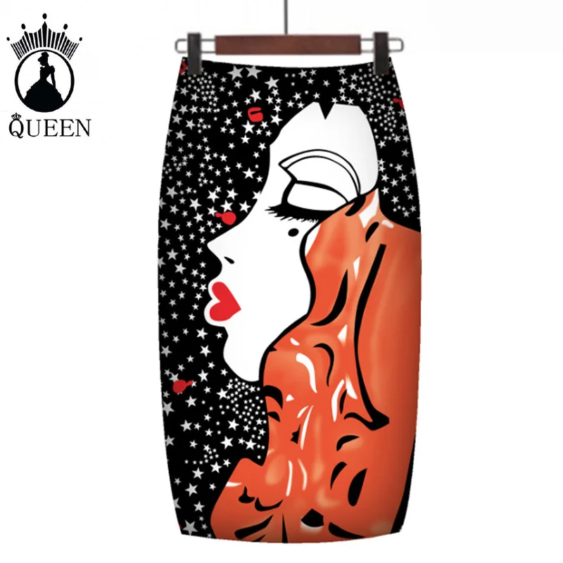 

2019 Summer Women Character Print Skirt Sexy Bodycon Packaging Hip Pencil Skirt High Waist Casual Office Ladies Split Skirts