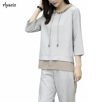 

Rlyaeiz Fashion Women Sporting Suits 2019 Spring Sweat Suit Women Fake Two Pieces Hooded Hoodies + Ankle-length Pants Tracksuit