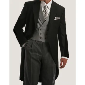Custom Made Tailcoat With Stripes Pants Men Suit Tuxedo (Jacket+Pants+Vest) Mens Suits For Wedding Groom Best Man Gentleman Suit custom made to measure men suit bespoke black tuxedo with red edge and red vest