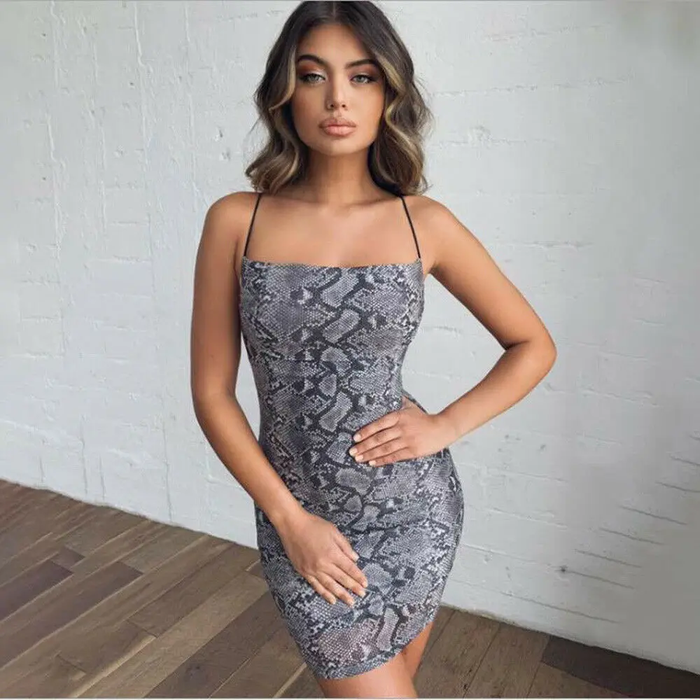 

Women Summer Beach Slash Neck Mini Pencil Dress Sleeveless Snakeskin Print Bandage cross Hollow Tank Sundress