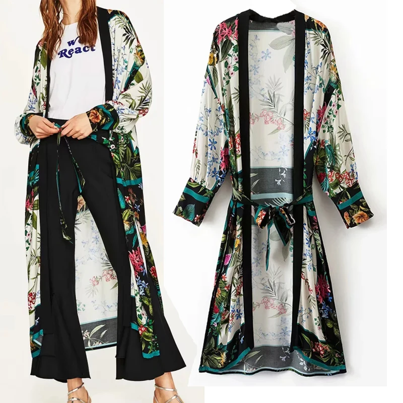 

Womens Floral Long Sleeves Silk Kimono Long Belt Trench Coats Split Outwear Printed Oversize A656