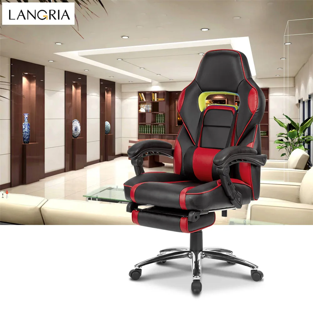 LANGRIA Ergonomic High-Back Faux Leather Racing Style Reclining Computer Gaming Executive Office Chair with Padded Footrest and Lumber Cushion08