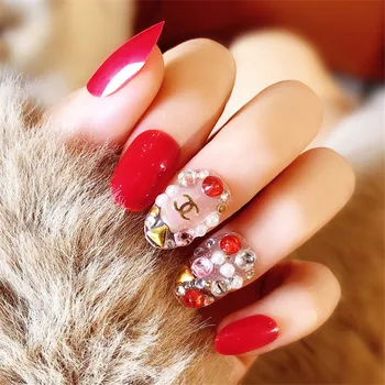 

Top quality 24pcs new charm metal piece rhinestone pearl embellishment fashion red round head nail patch DIY nail art design