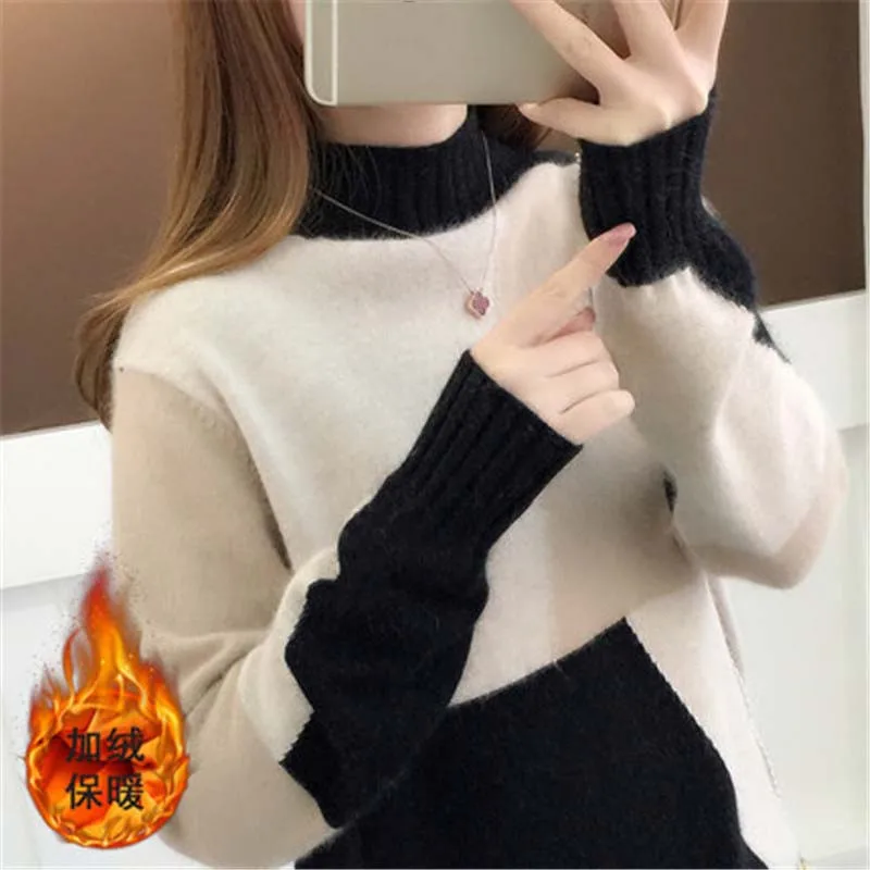 Новинка, осенне-зимний Корейский толстый бархатный пуловер, женский свитер с высоким воротником, вязаные свитера X330 - Цвет: black  Thicken