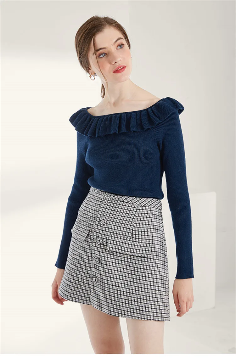 Мериносовой шерсти женские вязаные новые модные Falbala Slash шеи свитер темно-синие 4 цвета один и более размер