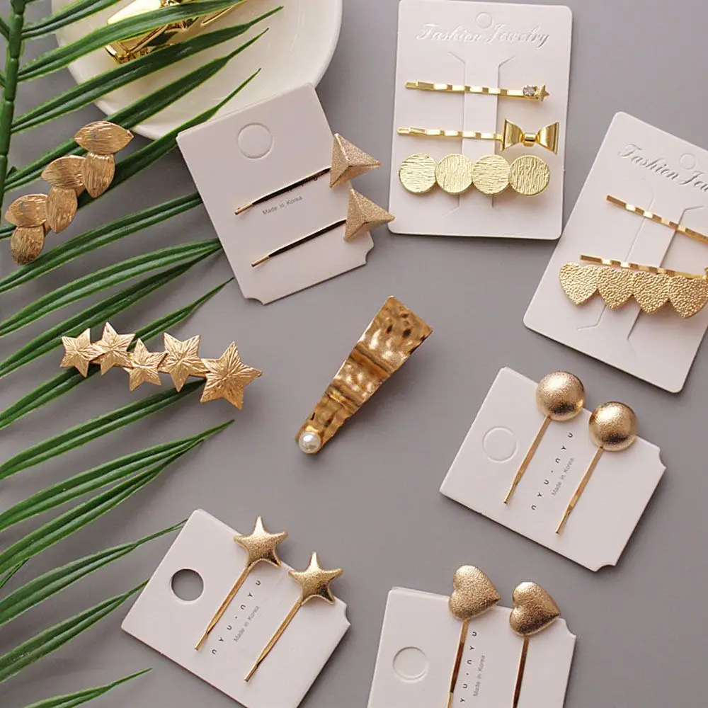 

1set Korea Simple Metal Hair Clips for Women Geometric star heart Gold Color Hair Pins Hair Accessories