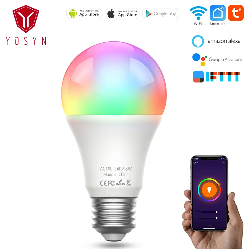 

YOSYN WiFi Smart Bulb LED 240V E27 8W Smart Light Bulb Alexa Smart Bulb Remote Control Light RGB LED Lamp Dimmable Wake-Up Light